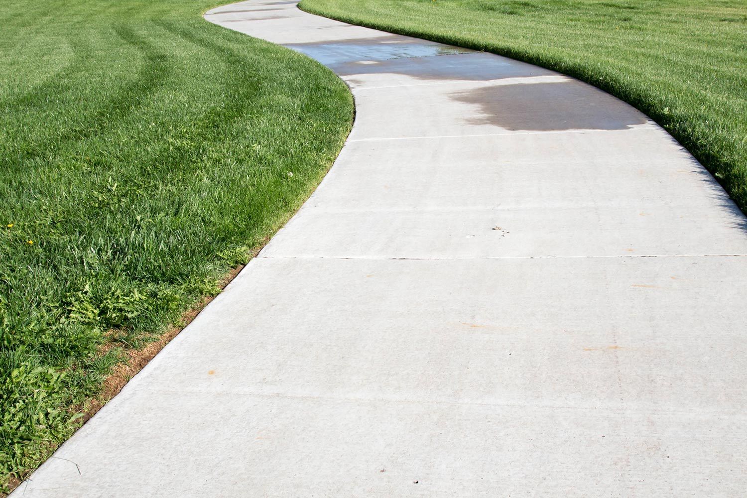 Curving concrete sidewalk bordered by green grass