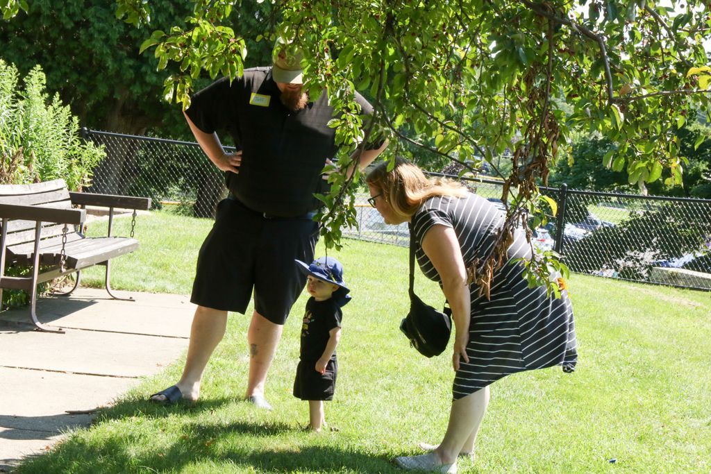 Family and dog under tree. Man with hands on hips, woman leans down, dog standing. Green grass, sunny day.
