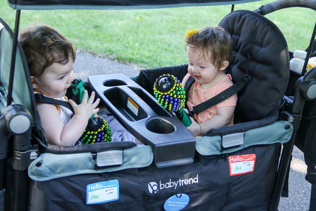 Two babies in a black and teal stroller, each holding a toy, smiling. Outdoors, green grass visible.