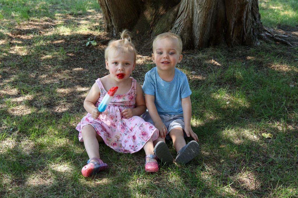 Two toddlers sitting on grass. Girl in pink dress holding a popsicle; boy in blue shirt. Tree in background.