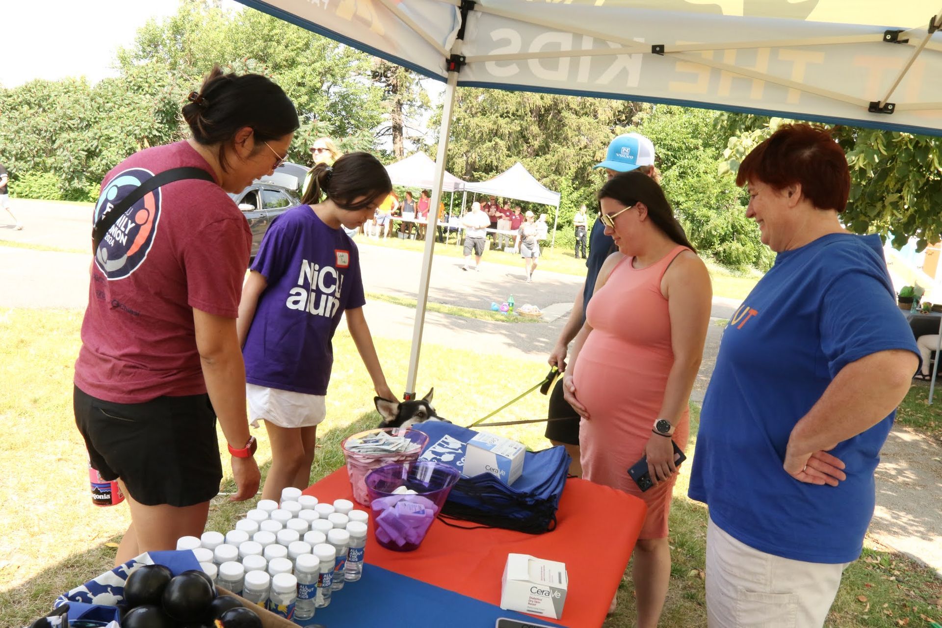 People at a table under a tent outdoors, looking at items. One is pregnant. Other people in the background.