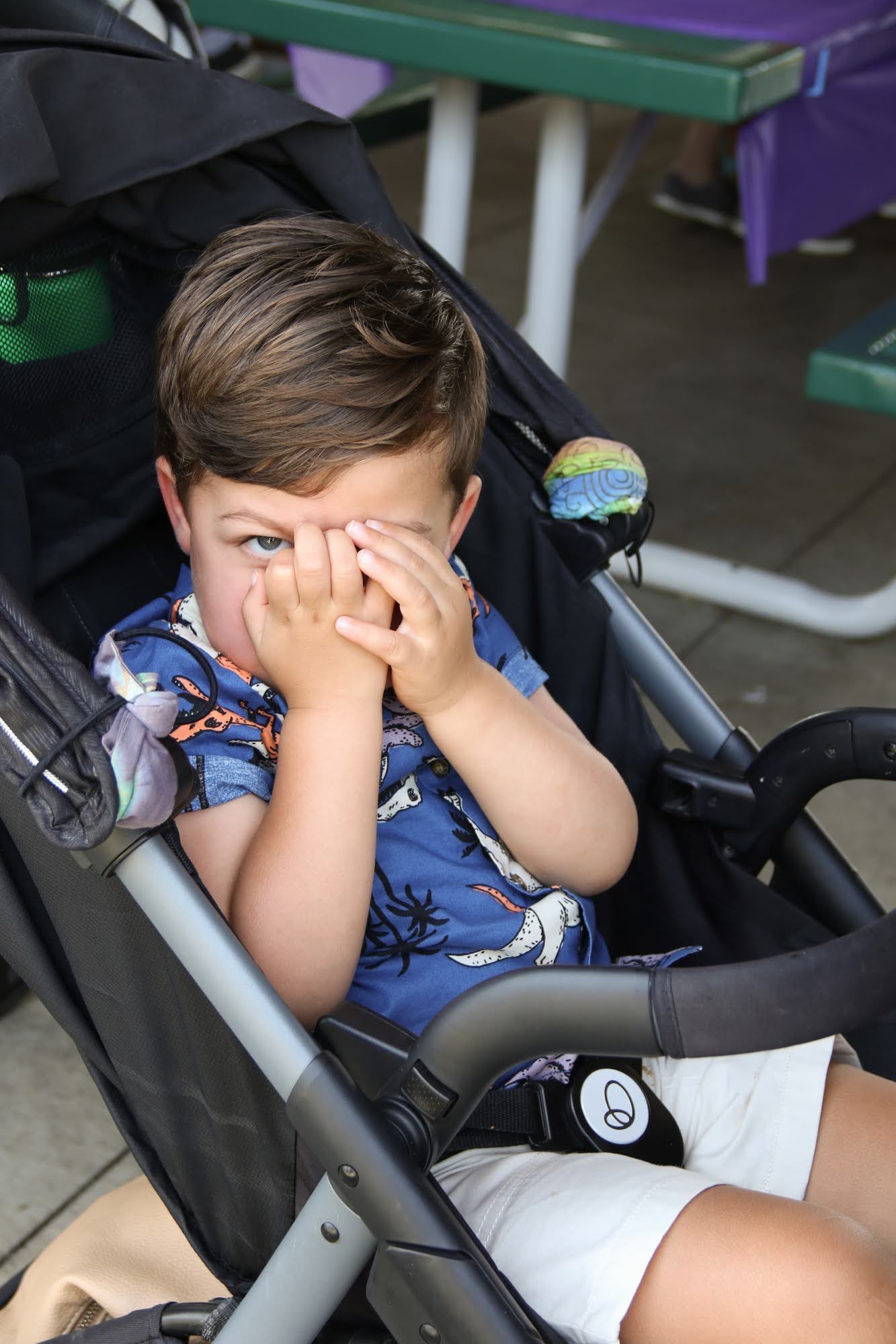 Child in stroller covers eyes with hands; outdoors.