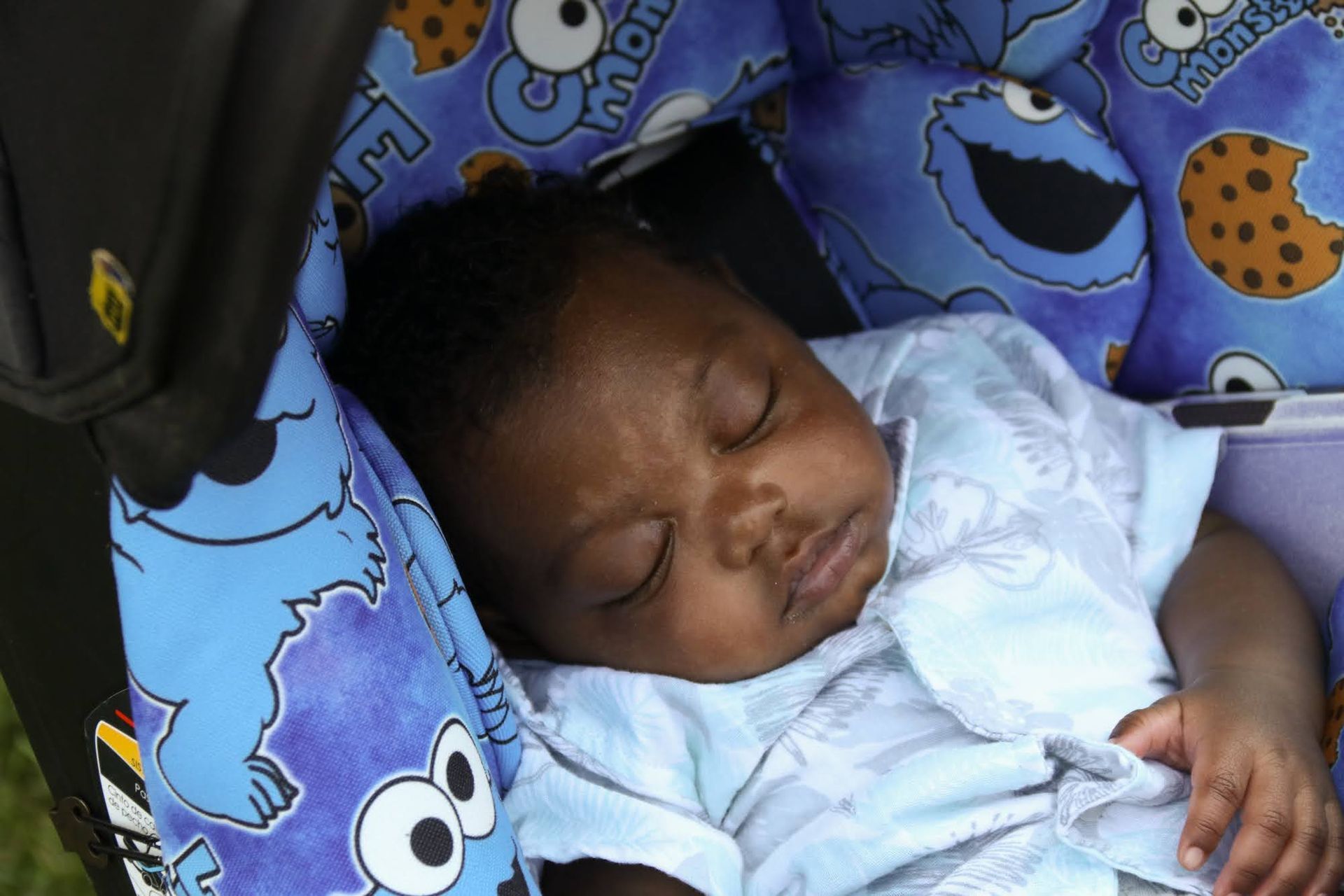 Baby sleeping in a stroller with blue Cookie Monster fabric.