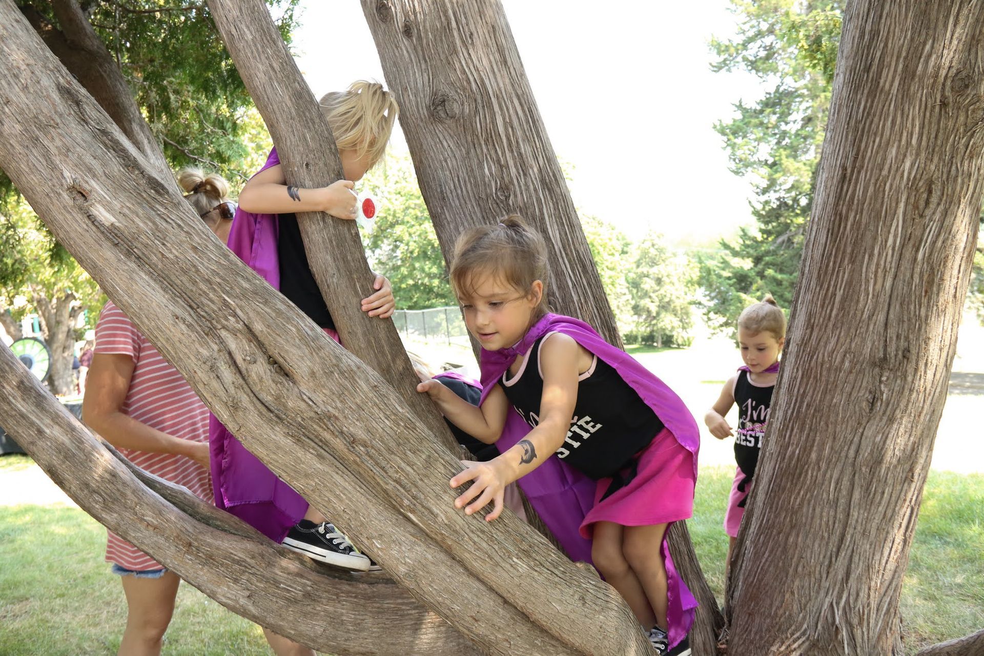 Children wearing capes climb a tree in a park.