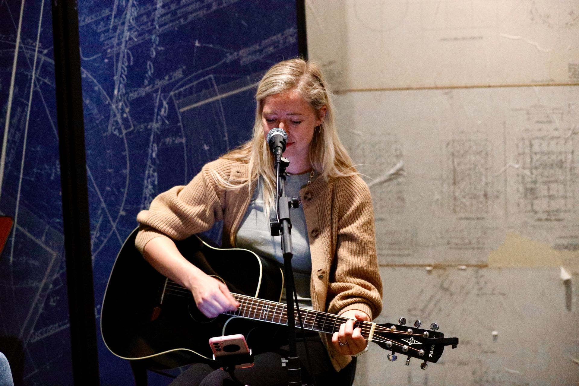 Woman playing acoustic guitar, singing into a microphone. She wears a tan sweater in a dimly lit room.