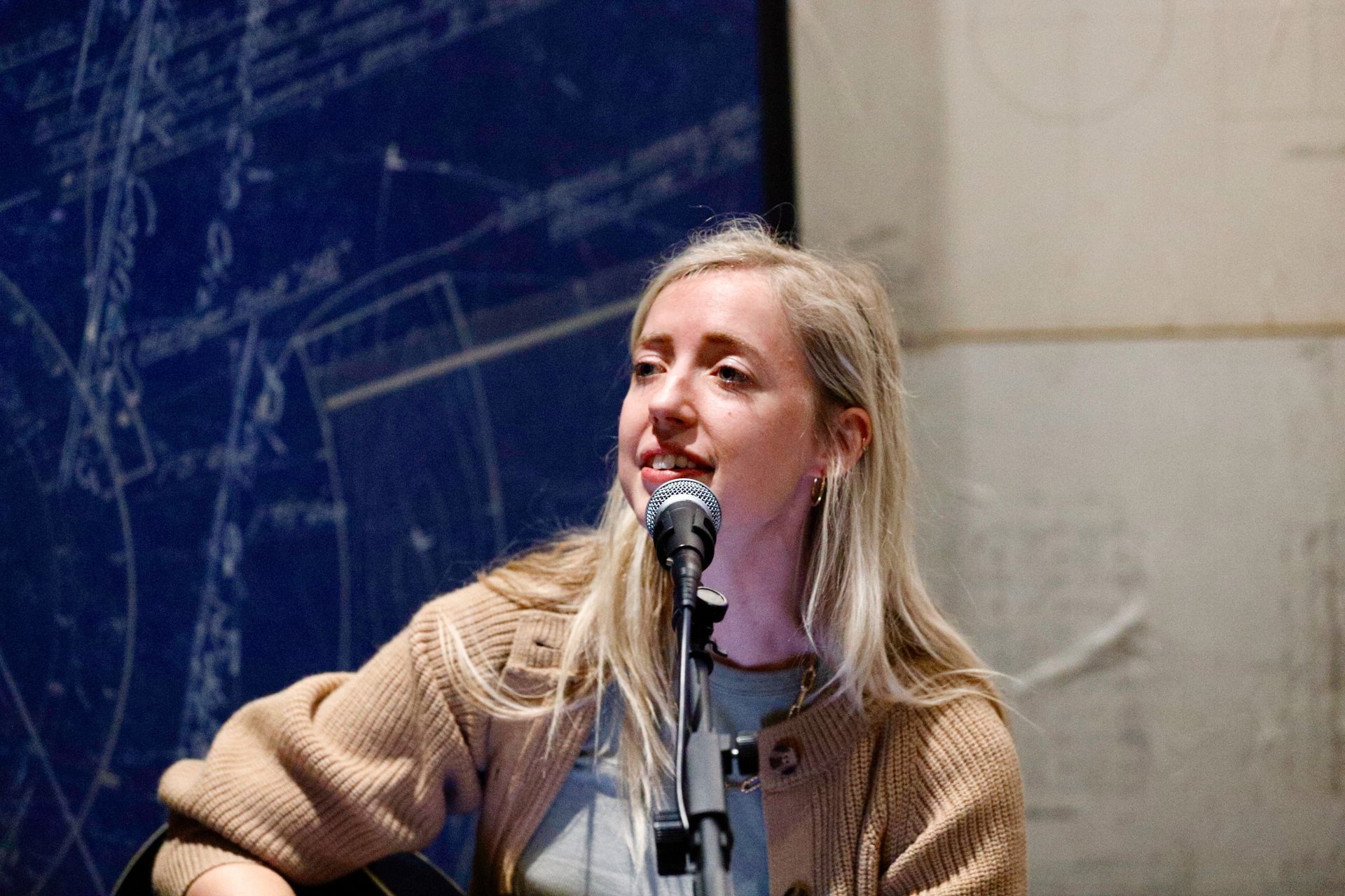 Woman singing into a microphone, wearing a tan cardigan, in front of a blue background.