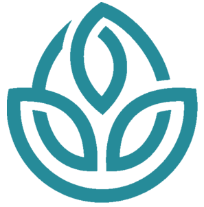 Teal abstract logo of three overlapping leaf shapes within a teardrop outline.