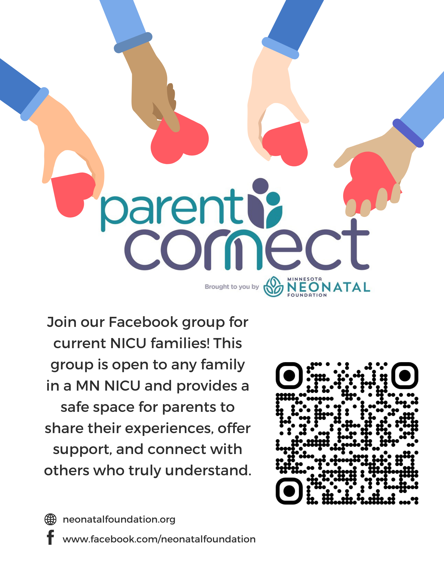 Poster for Parent Connect, a Facebook group for MN NICU families. Hands holding hearts surround text. Includes a QR code.