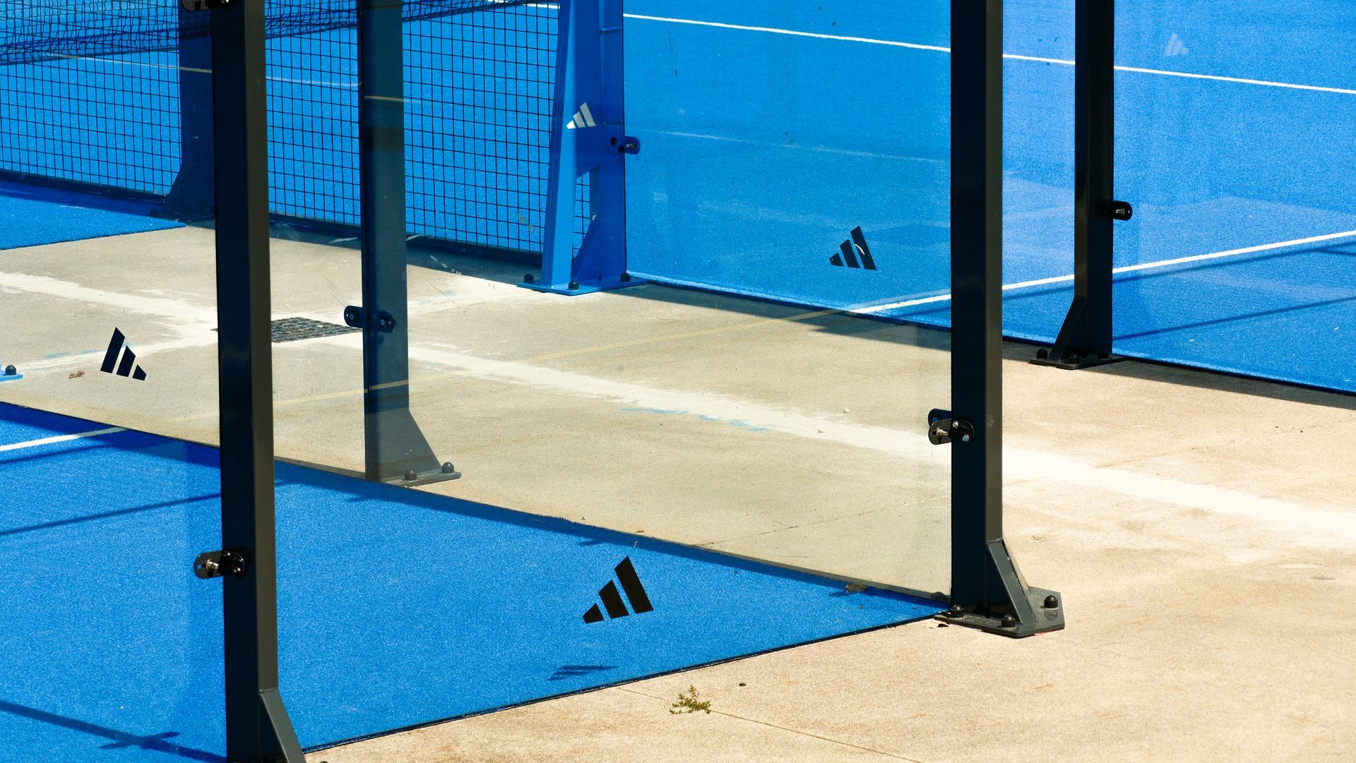 Logo Adidas su un campo da padel blu e beige con pareti in vetro.