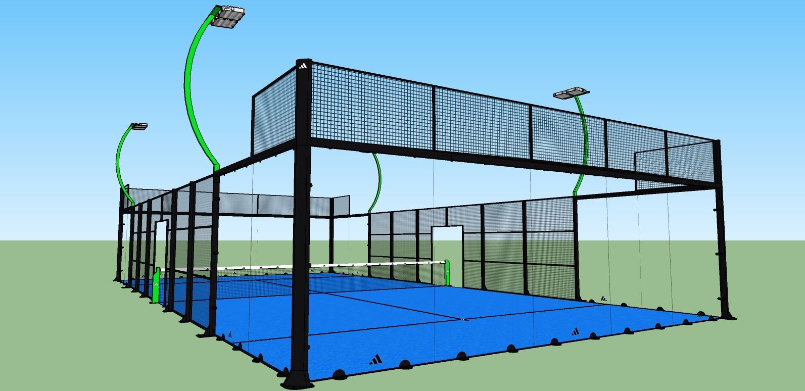Campo da padel, superficie blu con recinzione nera, illuminazione su pali curvi verdi.