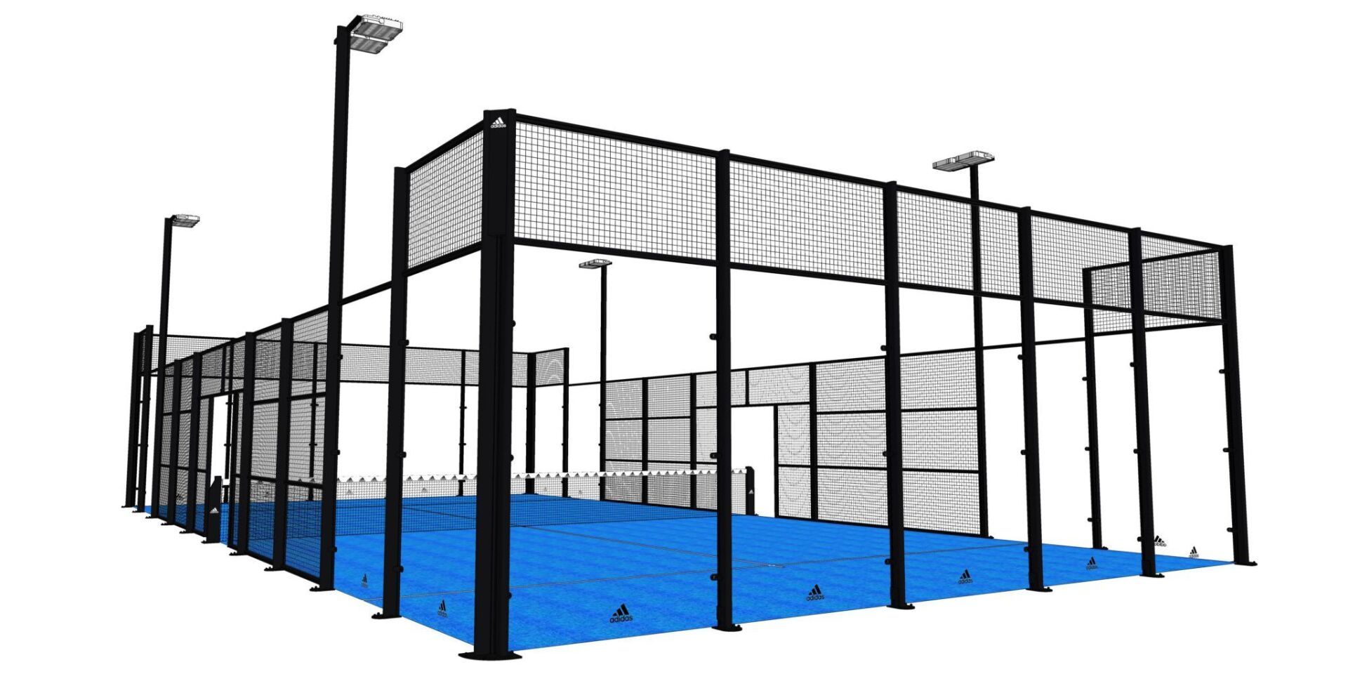 Un campo da padel blu con recinzione e illuminazione nere, su sfondo bianco.