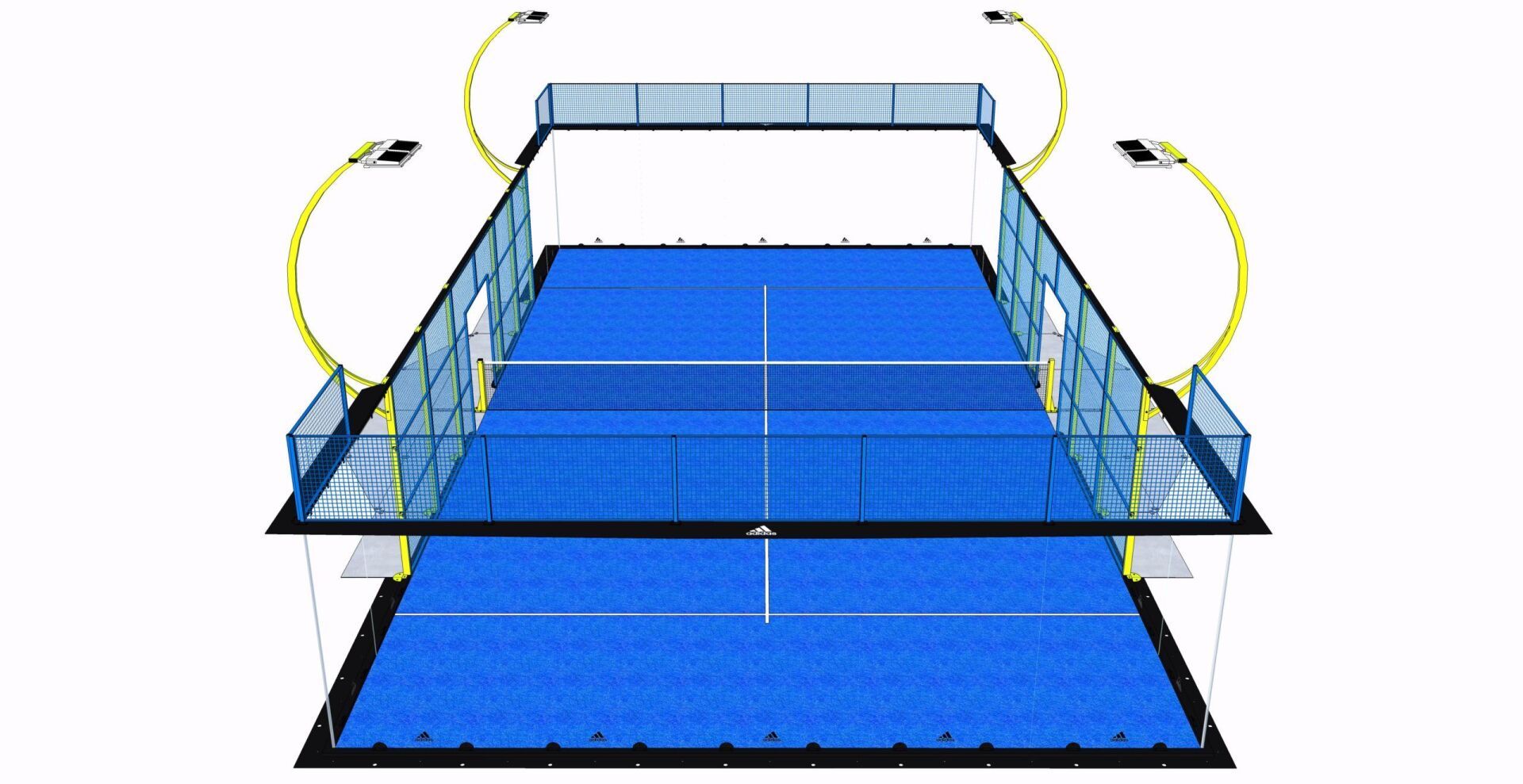 Campo da padel blu con pareti in vetro, rete e illuminazione dall'alto.