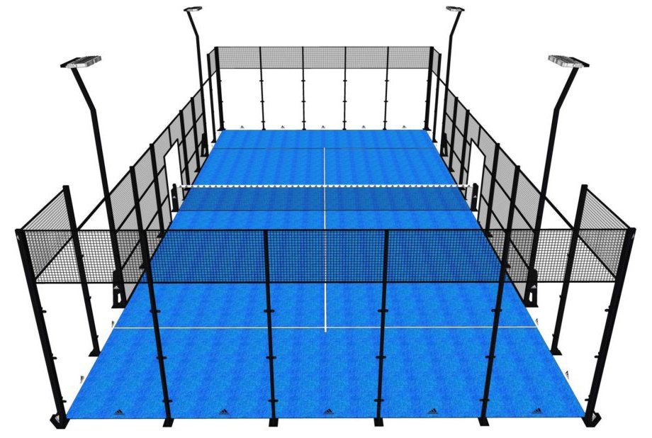 Campo da padel blu con pareti in vetro, recinzione nera e luci dall'alto.