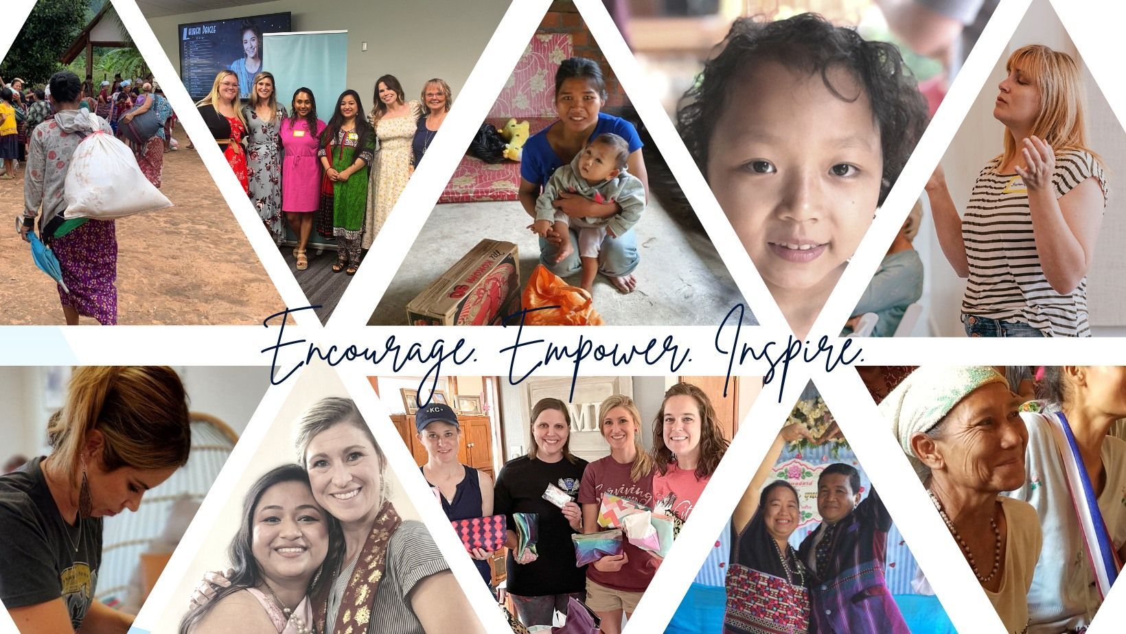A collage of pictures of people and children with the words `` encourage empower inspire '' written on the bottom.