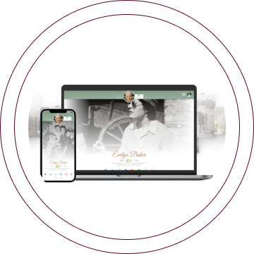 Laptop and phone mockup with a fashion website on a white background, framed by thin maroon circles