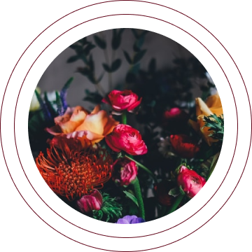 Assorted colorful flowers arranged in a circular floral frame on a dark background