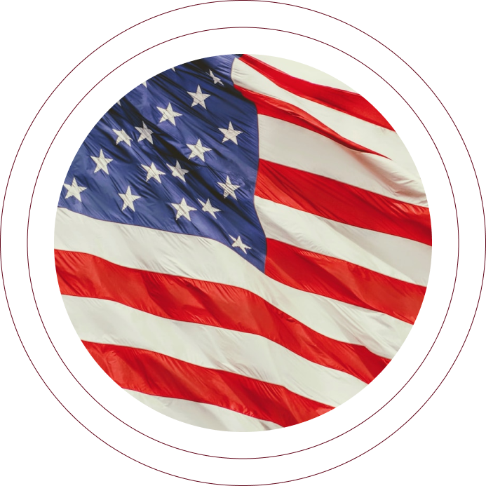American flag waving inside a circular frame with a white background