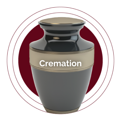 Cremation urn icon with beige and gray vase on a maroon circle background