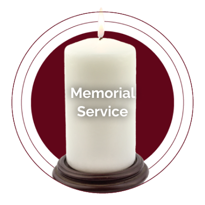 Candle with “Memorial Service” text on a burgundy and white background