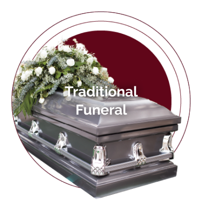Traditional funeral casket with white flowers and “Traditional Funeral” text on maroon background