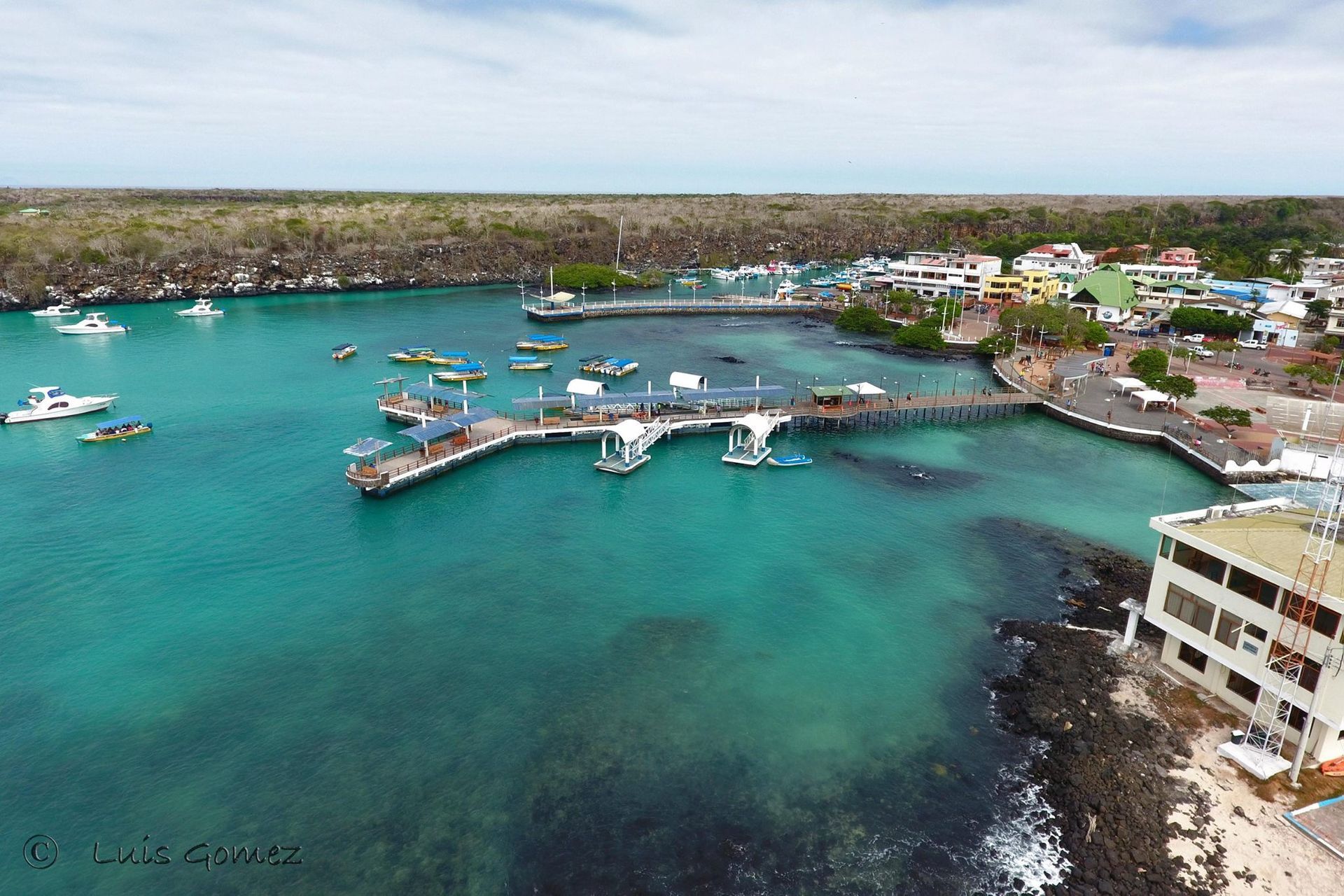 Aerial view of a turquoise harbor with boats, docks, and buildings along the shoreline in Santa Cruz