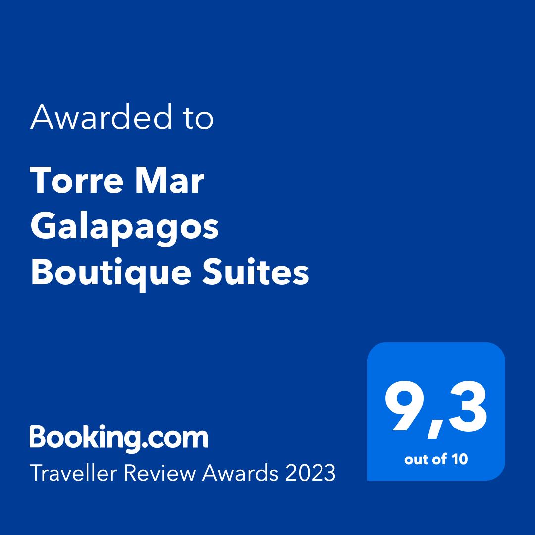 Booking.com Traveller Review Awards 2023 badge for Torre Mar Galapagos Boutique Suites, rating 9.3/10 on blue background