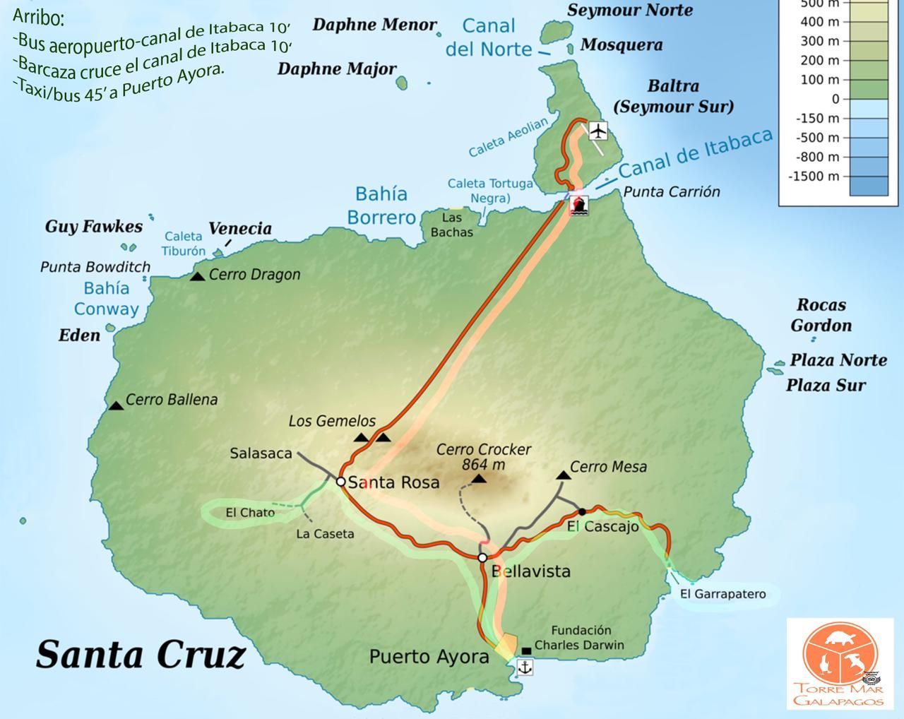 Map of Baltra and Santa Cruz islands showing towns, roads, and landmarks in route from the airport 