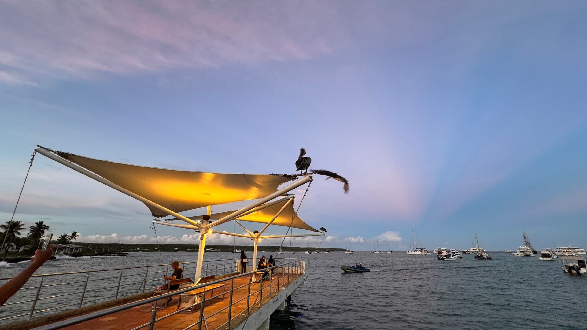 Sunset over a waterfront with a lit canopy deck and boats on calm water