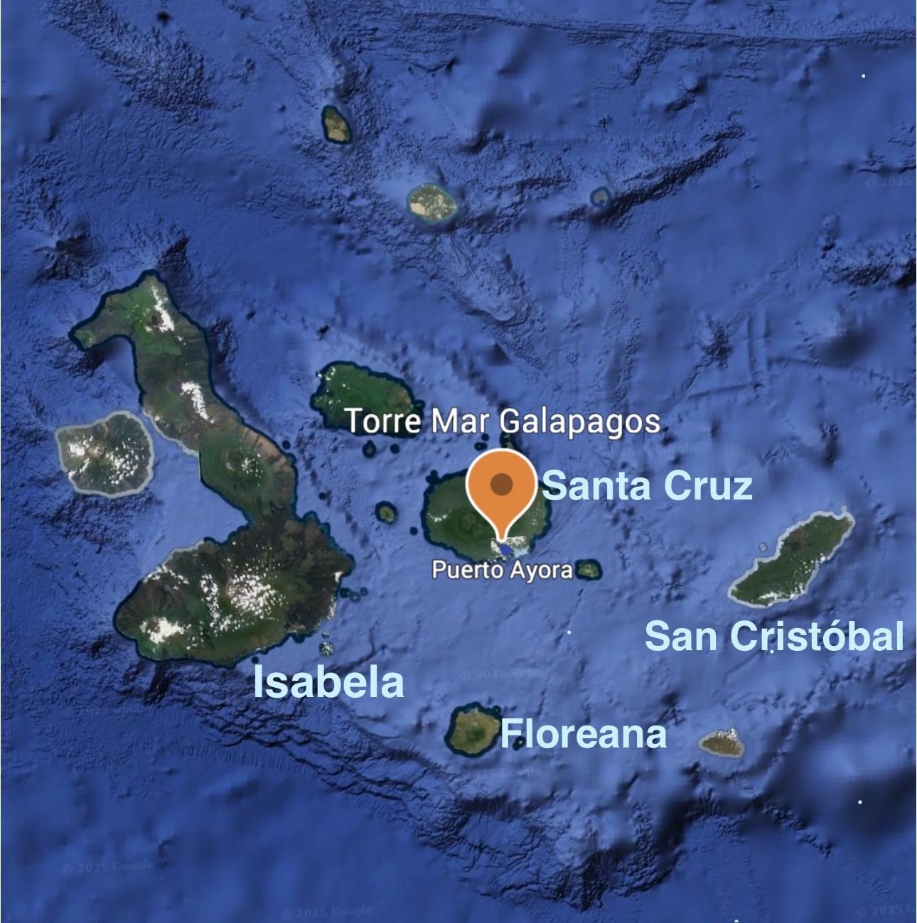 Map of the Galápagos Islands with an orange pin marking Santa Cruz near the center.