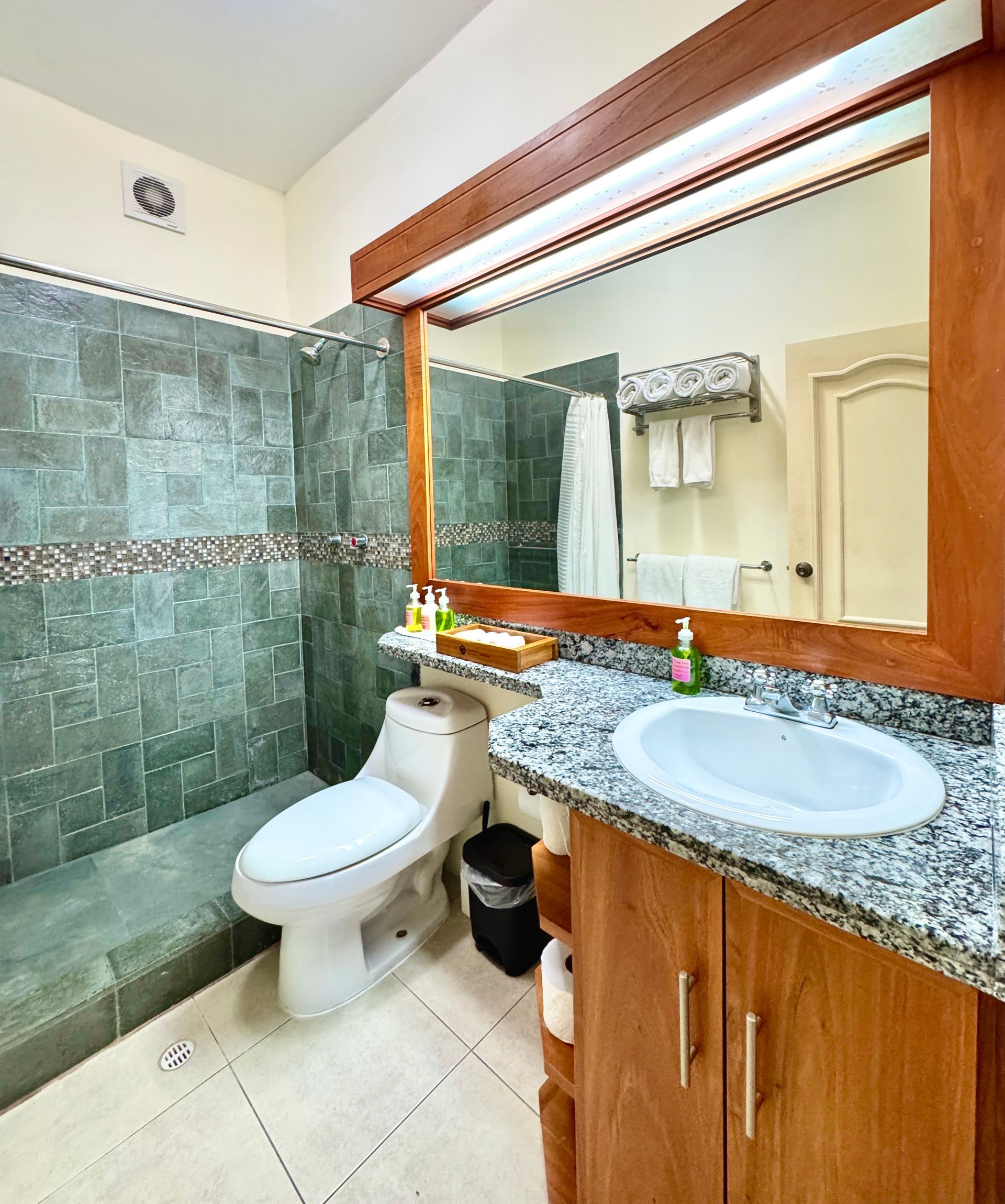 Galapagos hotel Bathroom with green tiled shower, toilet, vanity with granite countertop, and large mirror framed in wood.