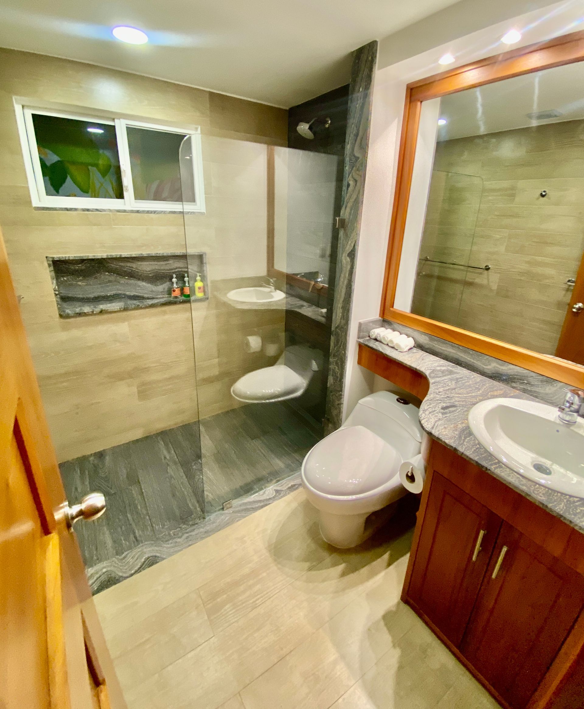 Galapagos hotel modern beige bathroom with glass shower, toilet, and granite vanity with wood cabinet
