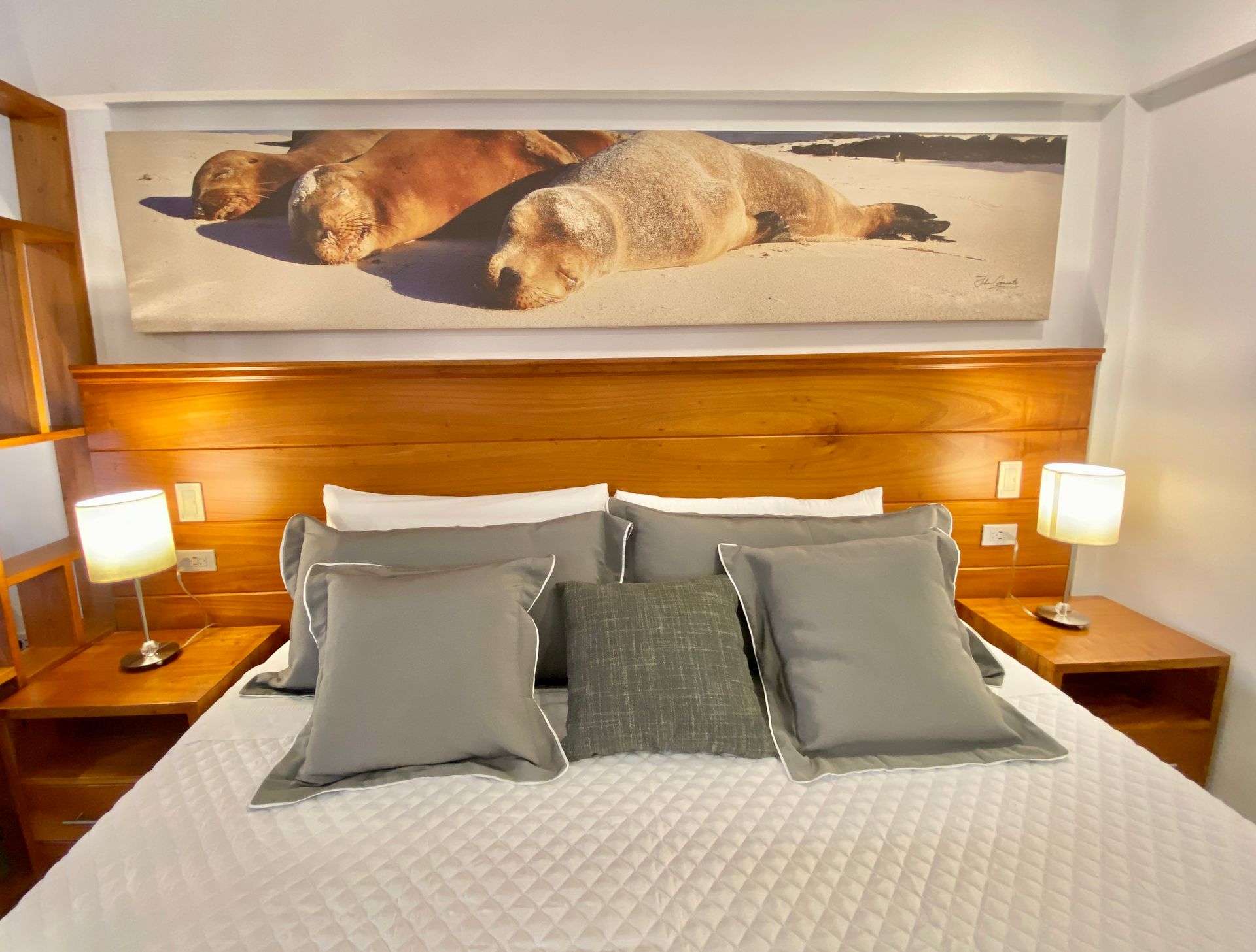 Galapagos hotel Bedroom with a large wooden headboard and bedside tables.