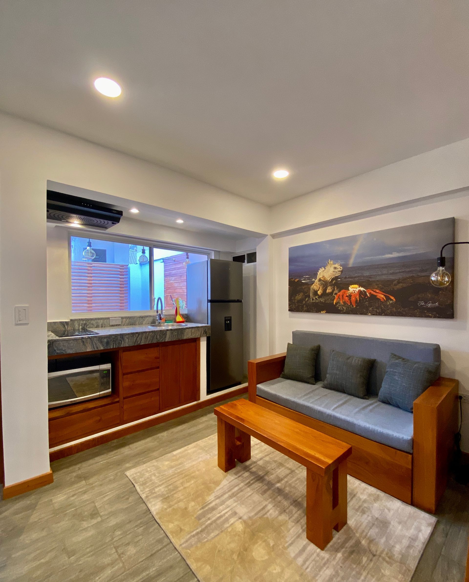 Modern Galapagos hotel living room with gray sofa, wooden coffee table, wall art, and a kitchenette in the background
