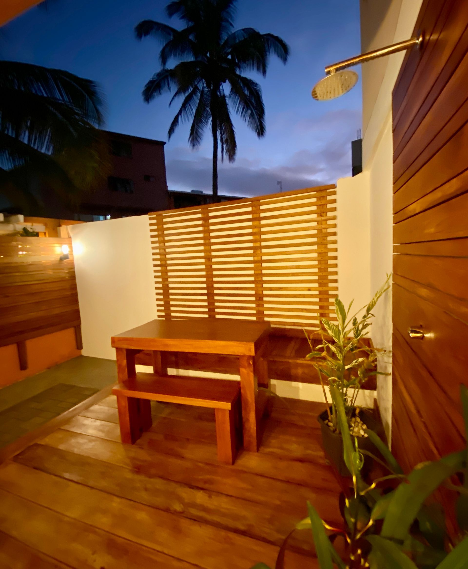 Galapagos hotel Outdoor wooden patio with a table and bench, bamboo screen, shower head, and palm tree at dusk.