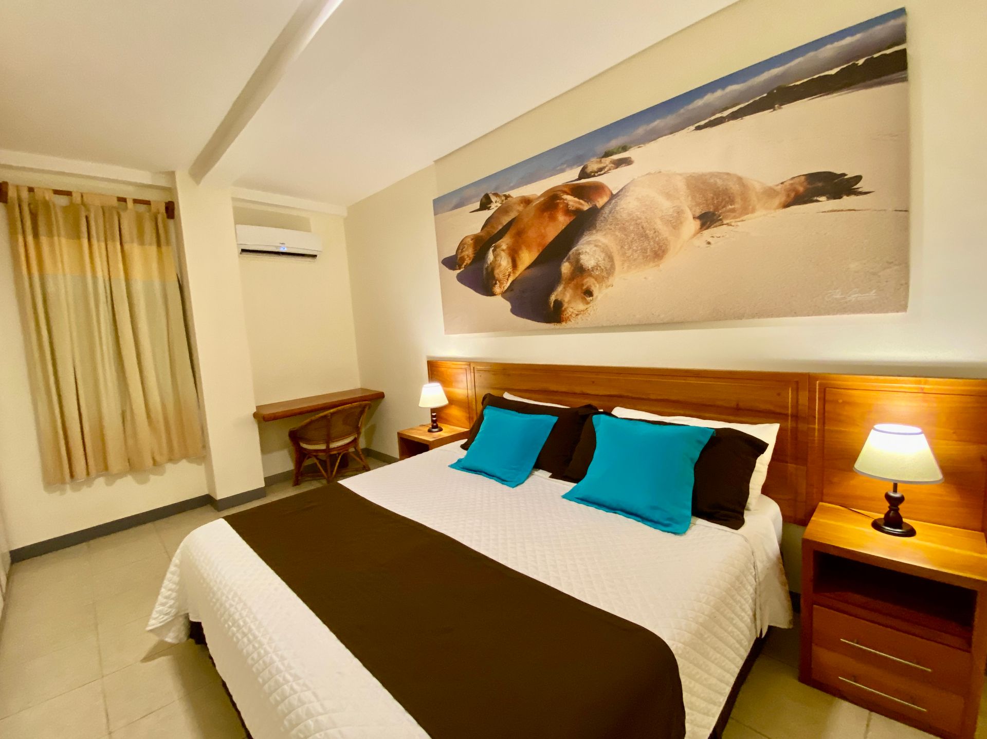 Galapagos hotel with a bed, brown and blue pillows, and a large photo of sea lions. A desk and lamps are also in the room.