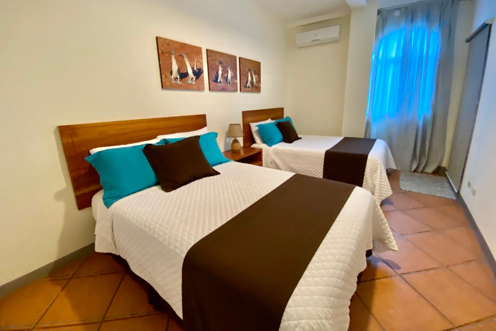 Galapagos hotel Bedroom with two double beds, white bedding, brown accents, teal pillows, and a window with sheer curtains.