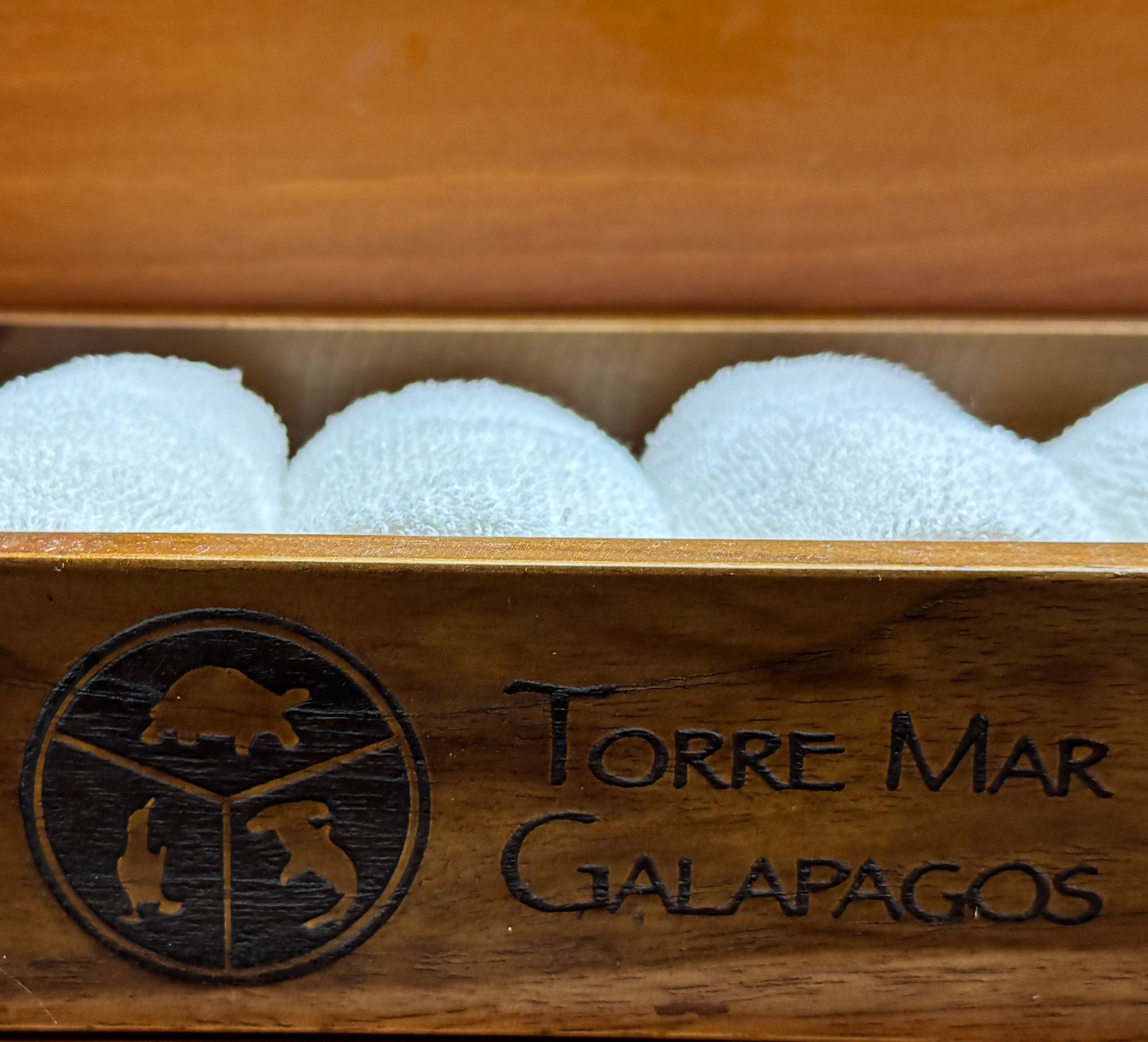 In a Galapagos Hotel Wooden box labeled “Torre Mar Galapagos” with white foam balls inside