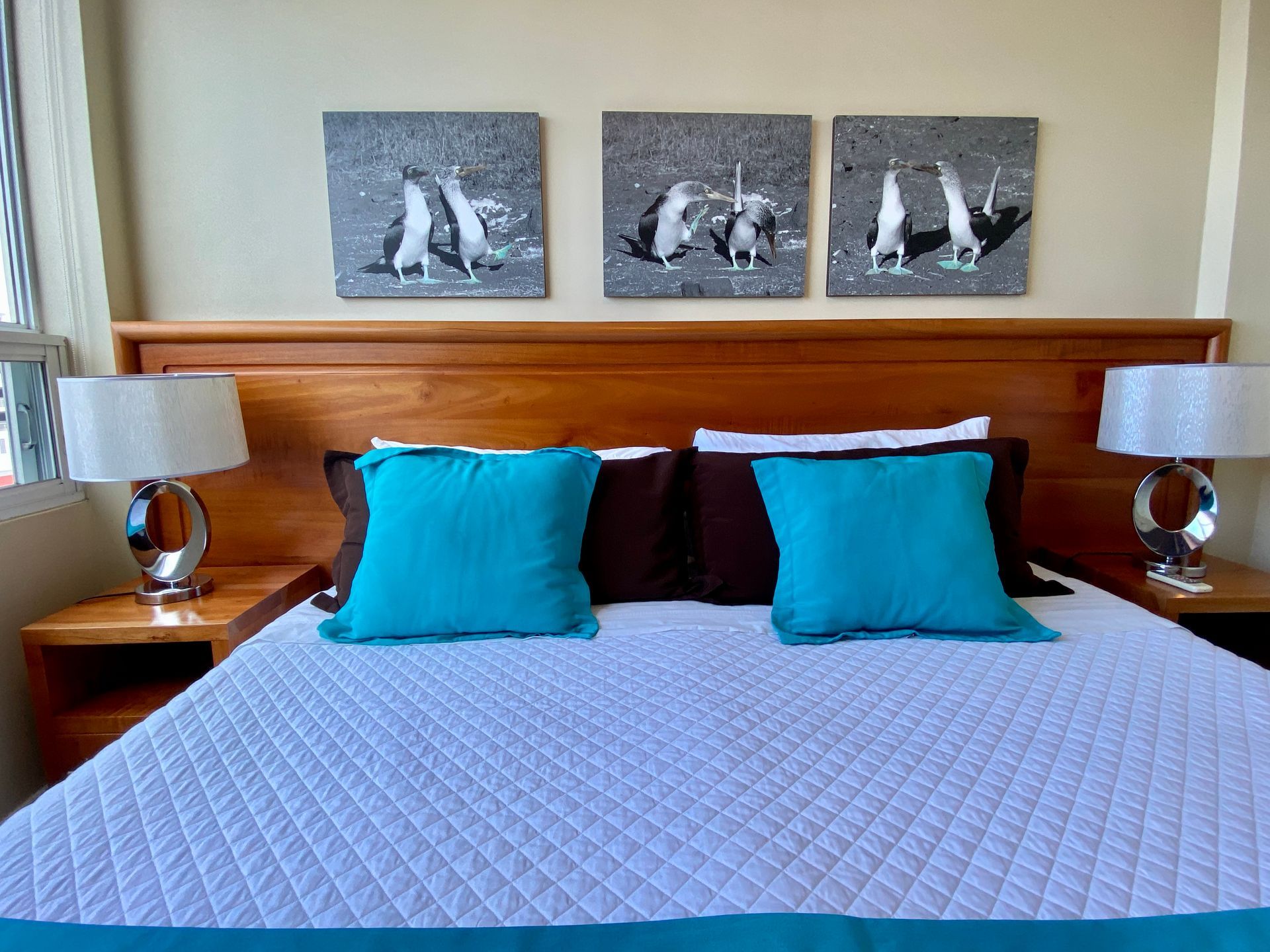 In a Galapagos hotel neatly made bed with turquoise pillows and sailing artwork above a wooden headboard in a hotel room