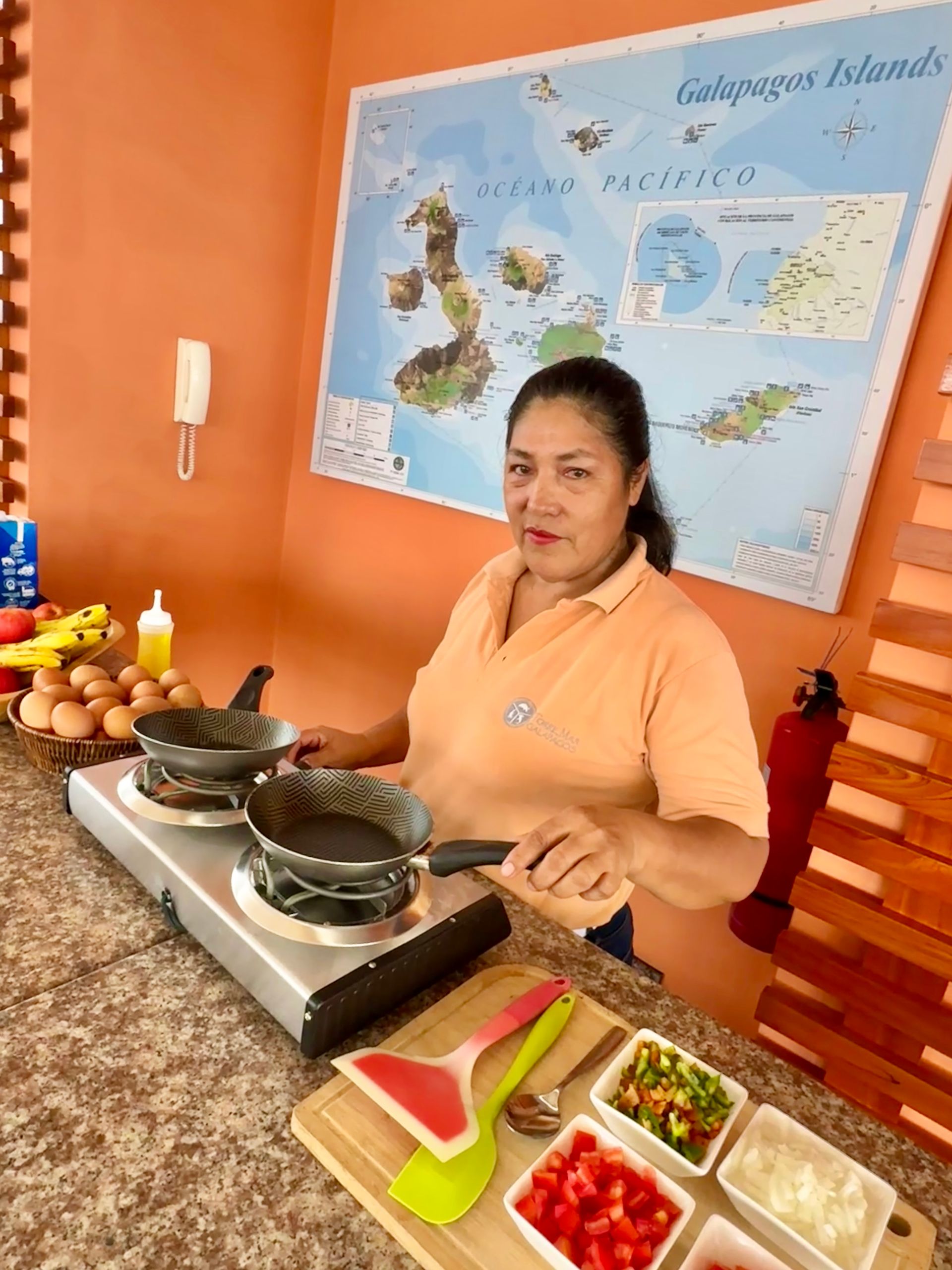 A woman is cooking at a hotel in the Galapagos Islands on a stove in front of a map of the world.