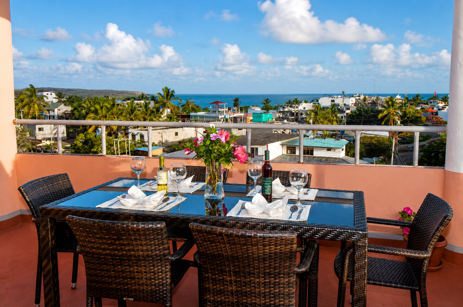 Galapagos Terrace dining table with ocean view, set with white linens and flowers under a blue sky