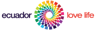 Ecuador logo with colorful circular sunburst and the words “love life”
