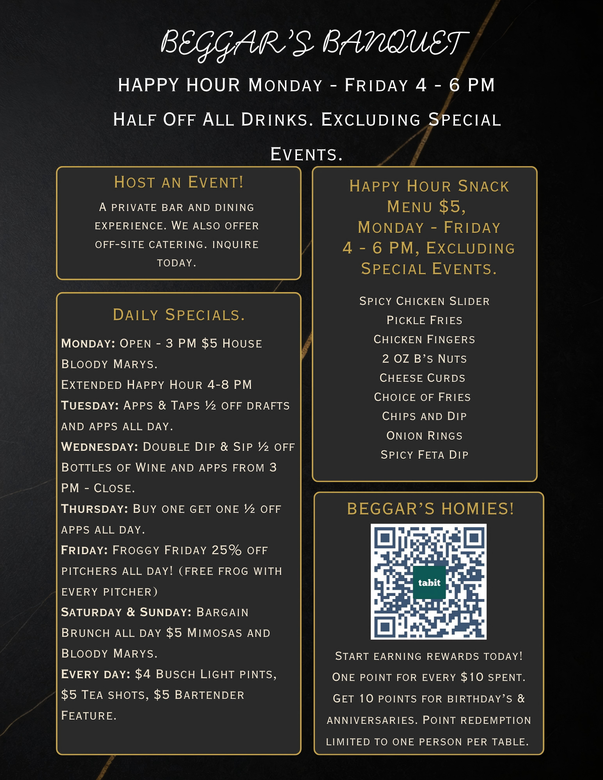 A menu for a restaurant called beggar 's banquet