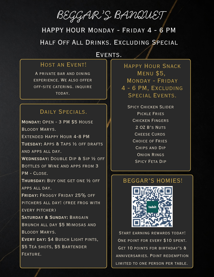 A menu for a restaurant called beggar 's banquet