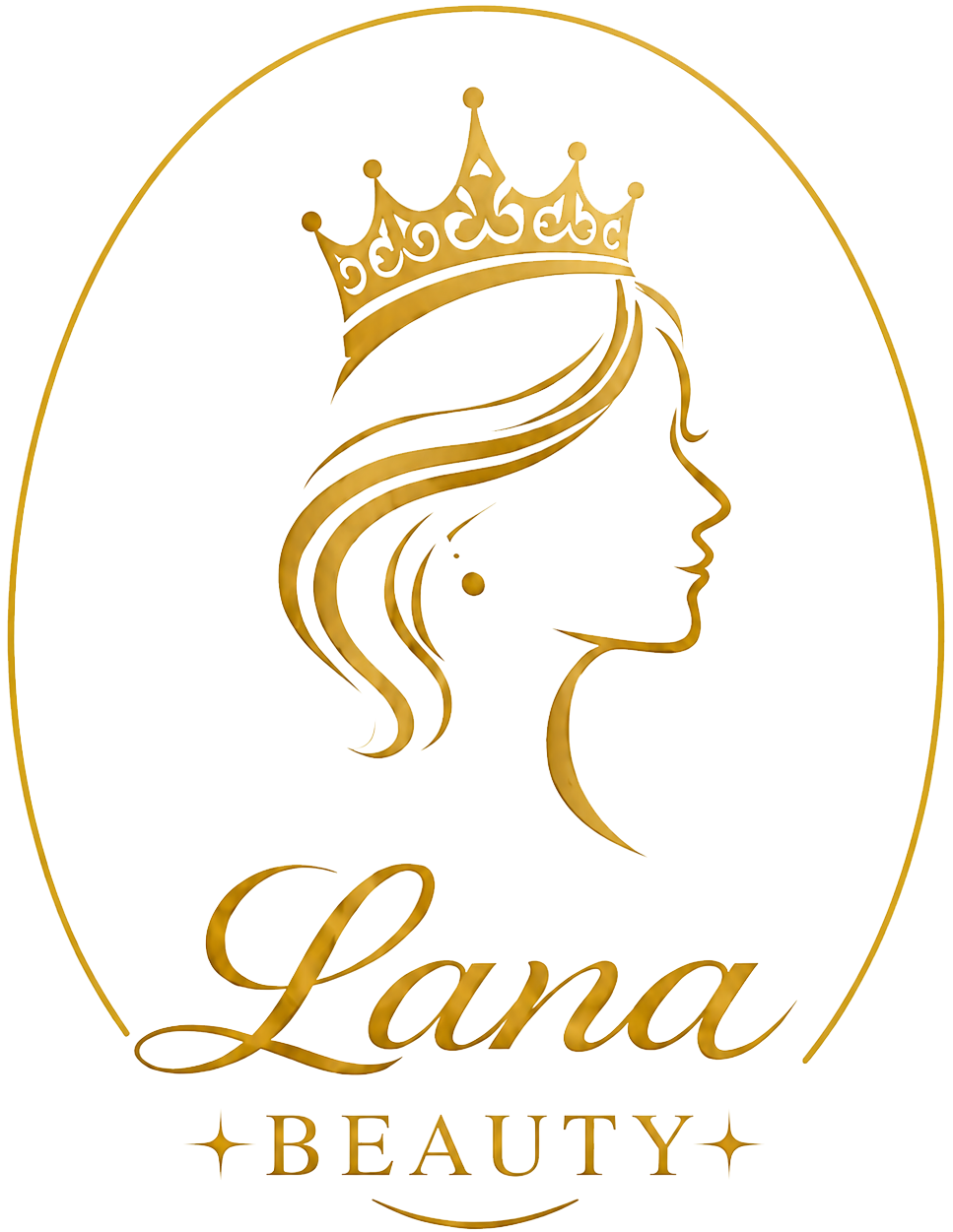 Gold “Lana Beauty” logo with a crowned female profile inside an oval outline