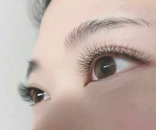 Close-up of eyes with long eyelashes and natural makeup against a soft white background