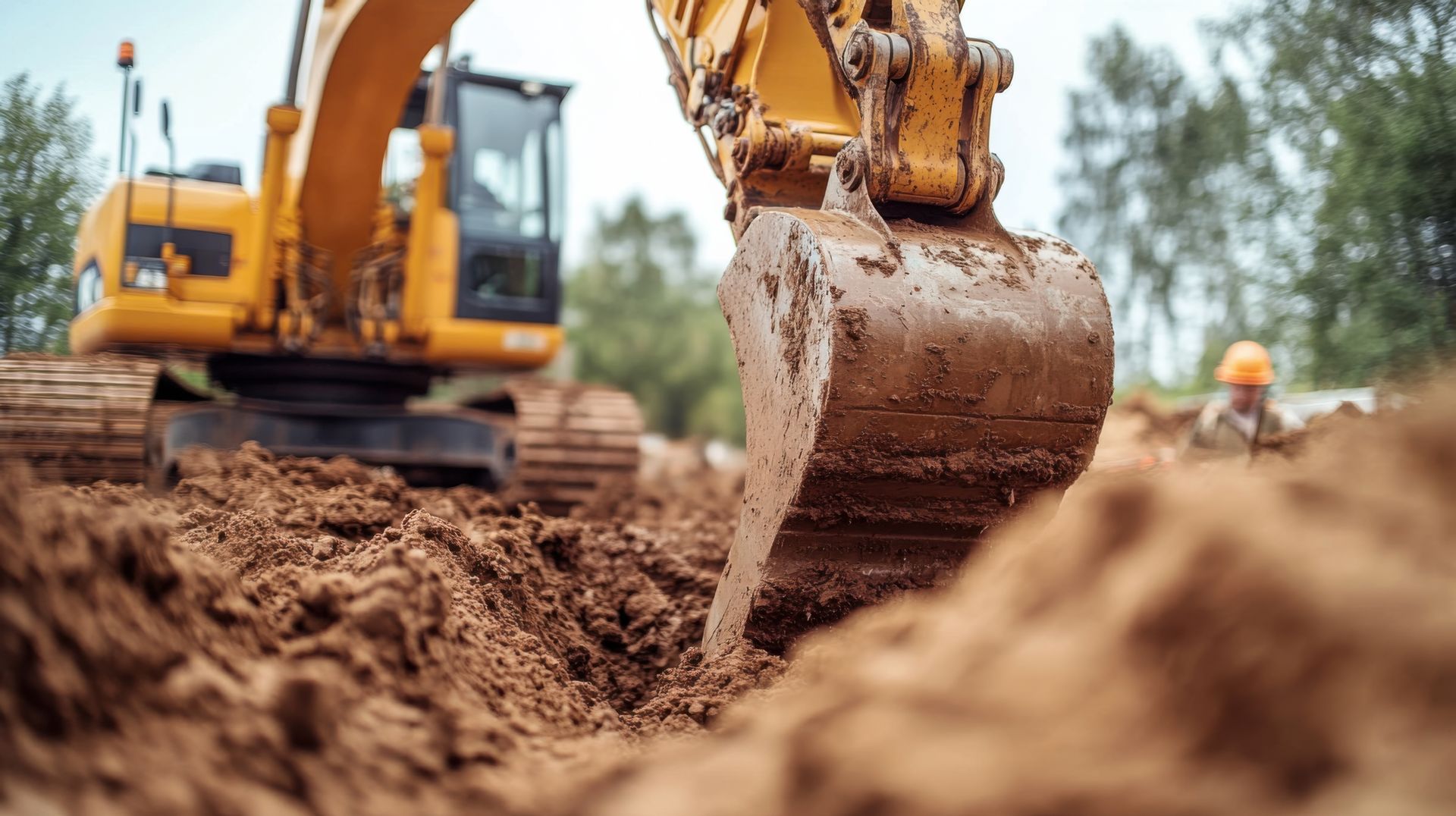 Excavator operator digging a trench for utility lines at a construction site Excavator operator digging a trench for utility lines at a construction site