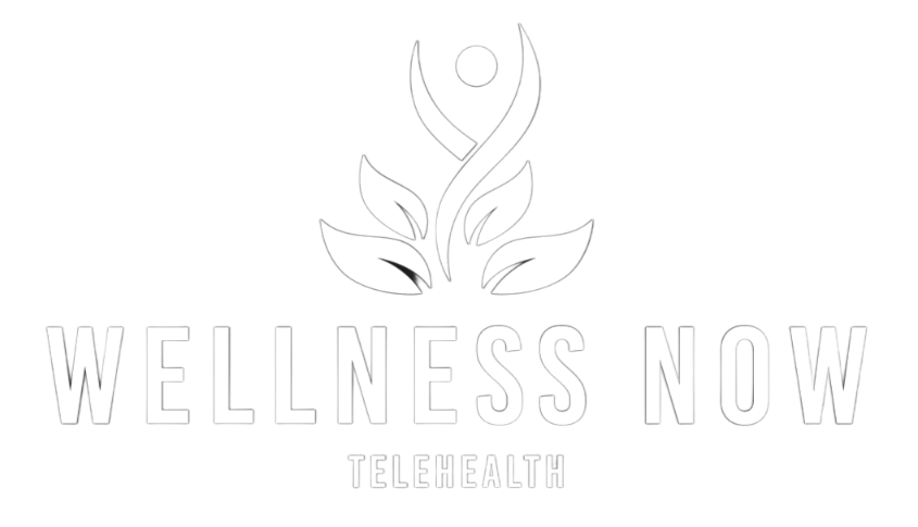 Wellness Now Telehealth logo: abstract leaves with a figure, text