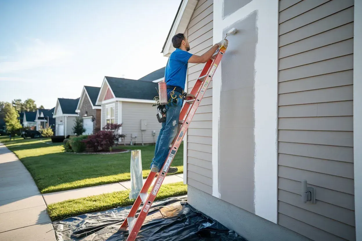Person painting a house exterior from a ladder on a suburban street