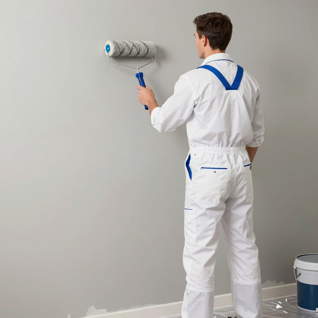 Painter in white overalls rolling light gray paint onto a wall with a blue paint bucket nearby