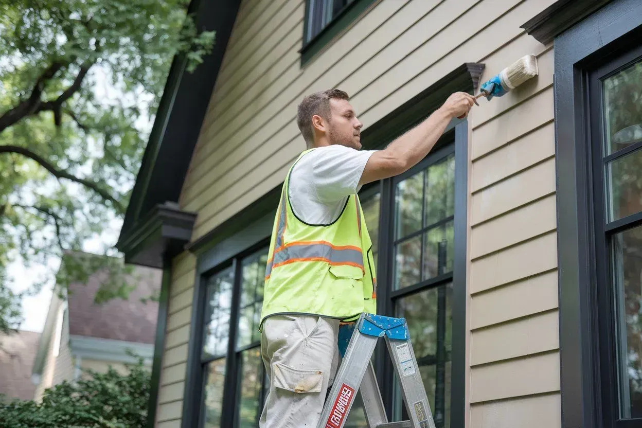 Worker painting house trim on a ladder outside a beige home